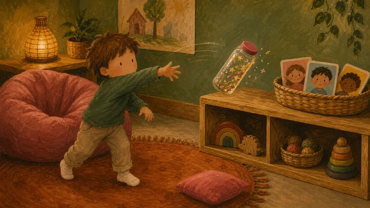 Preschooler tossing a sensory bottle in a classroom cozy corner