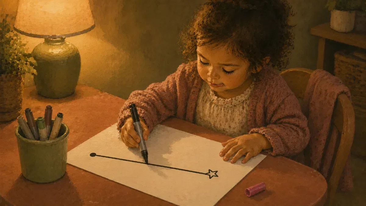 Preschooler tracing a thick straight line on a starter worksheet
