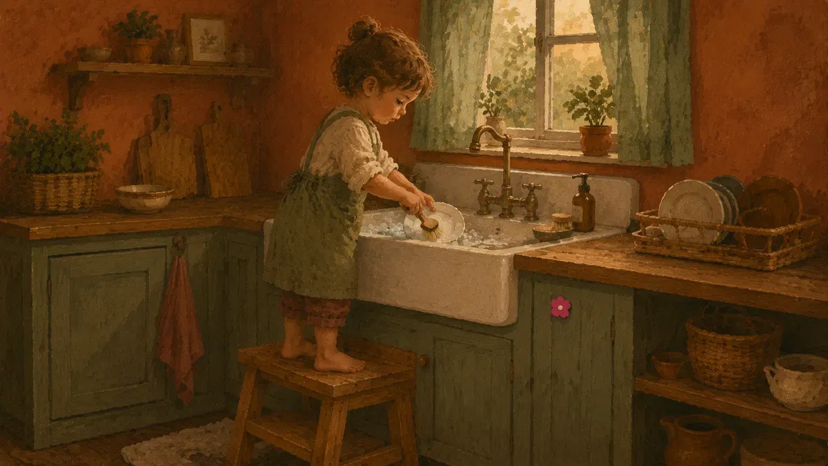 Preschooler washing dishes at a sink with a step stool, sleeves rolled up, Montessori practical life