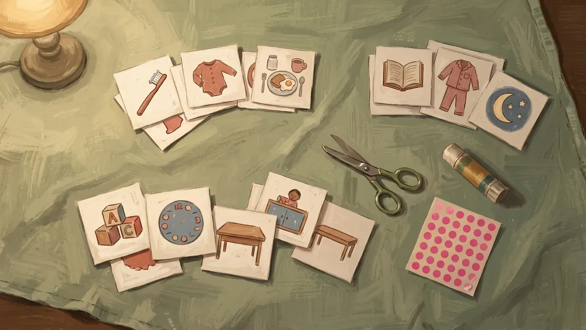 Printable visual schedule cards laid out for morning, classroom, and bedtime routines