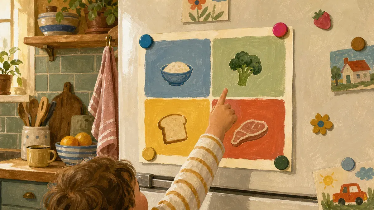 Printable zones of regulation check-in chart on a fridge for daily toddler use at home