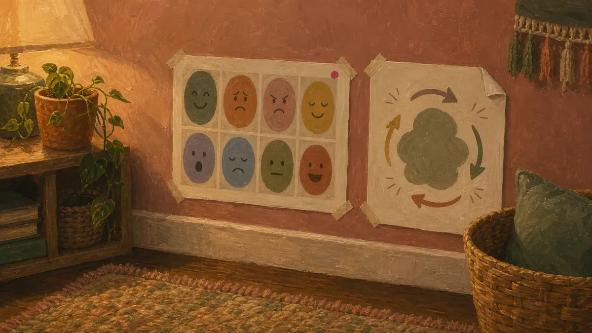 Printed calm down corner printables including a feelings chart and breathing poster taped to a wall