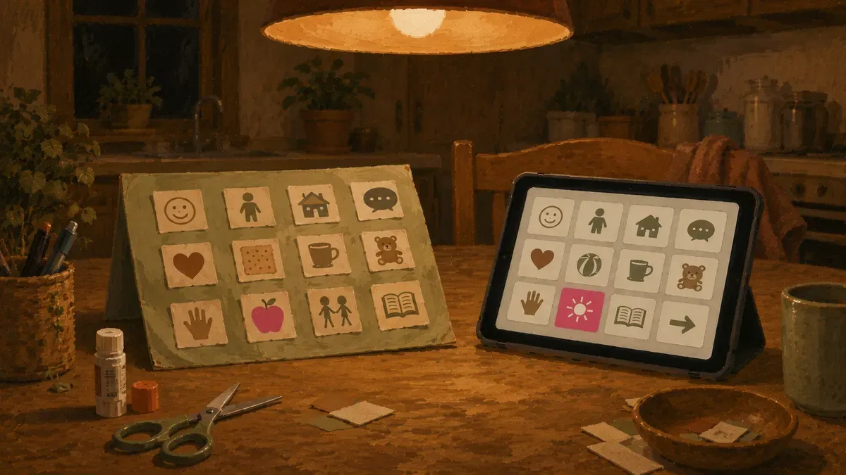 Printed DIY communication board on a kitchen table next to a tablet
