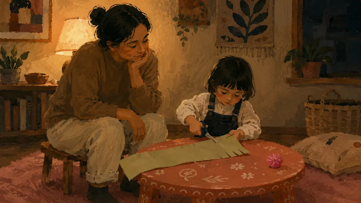 Reassuring scene of a parent watching a preschooler cut paper, no pressure