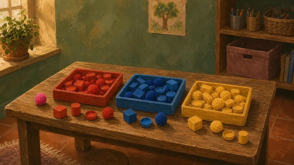 Red, blue, and yellow sorting trays on a low preschool table with loose objects grouped by colour