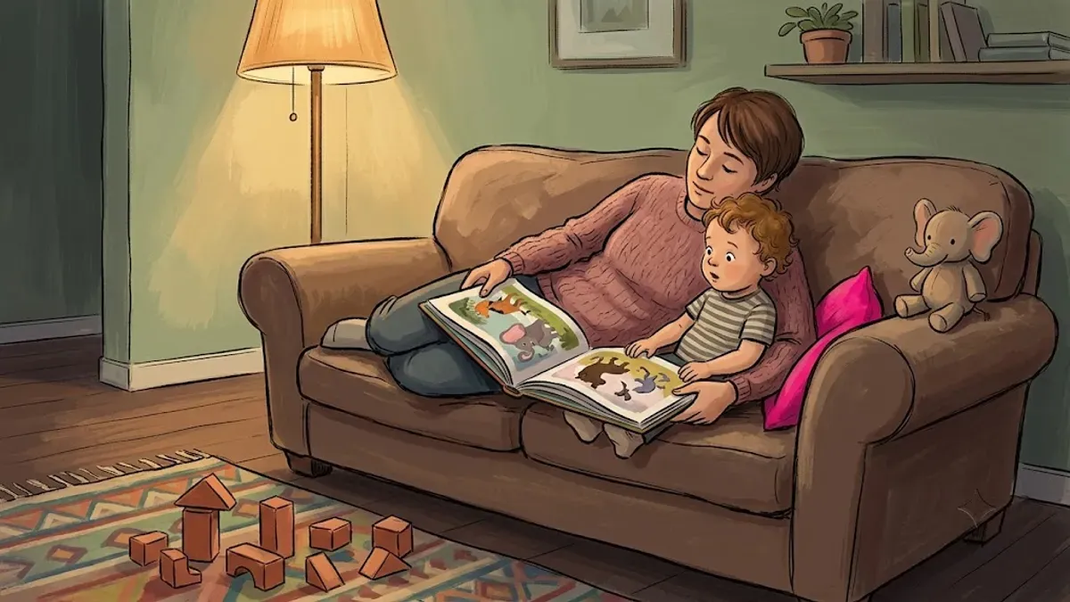 Relaxed parent and toddler reading a book together, no potty in sight