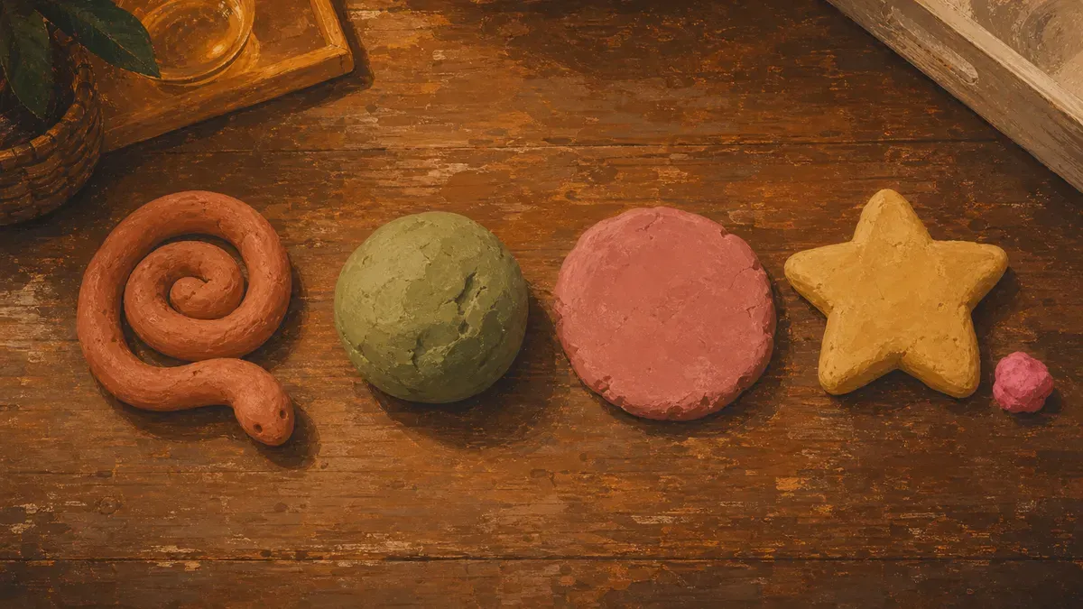 Row of simple playdough shapes, snake, ball, pancake, and star, on a wooden table