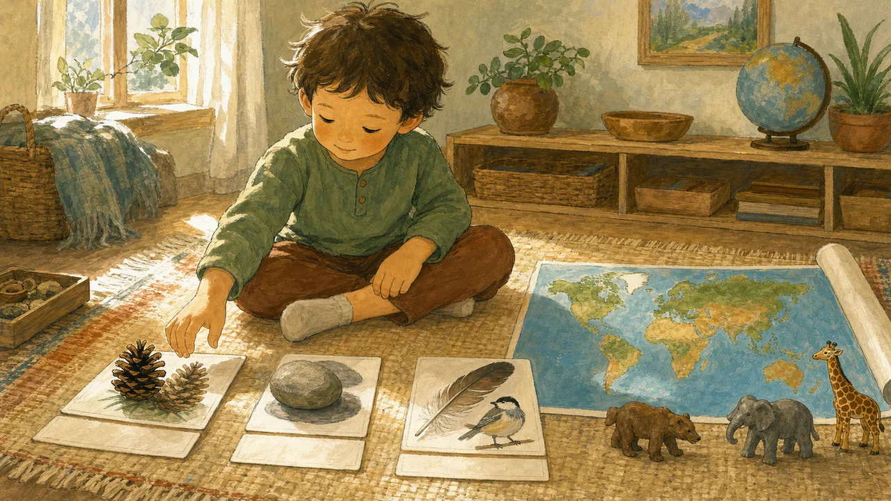 Child pairing 3-part cards with matching objects and a continent map