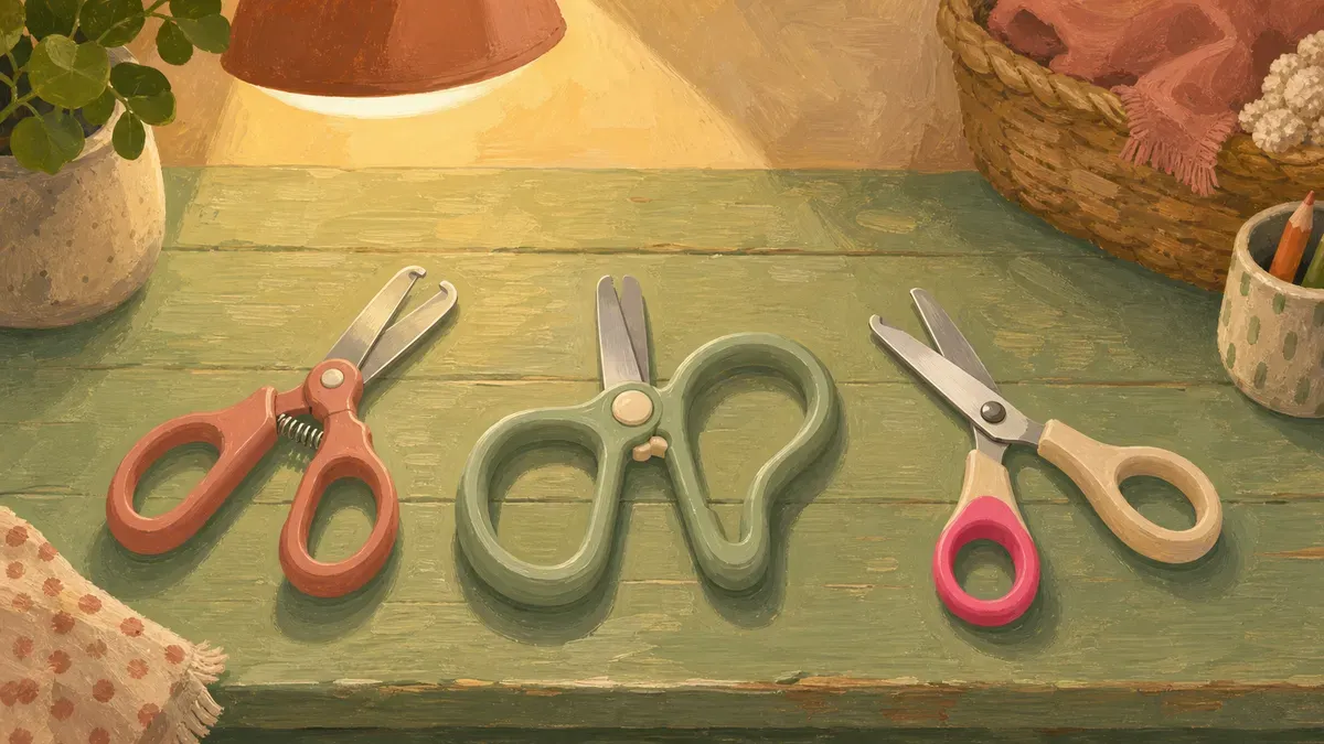 Selection of beginner scissors including spring-loaded and left-handed pairs