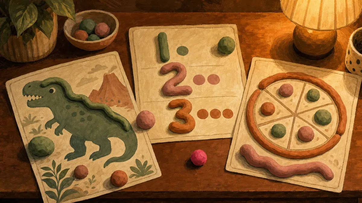 Selection of dinosaur, number and food-themed playdough mats laid out together