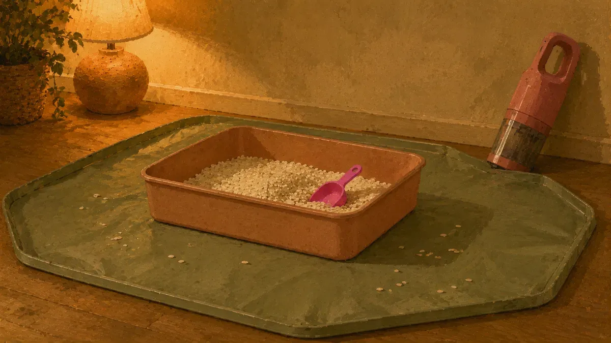 Sensory bin on a large plastic splash mat with a small hand vacuum on the floor beside it