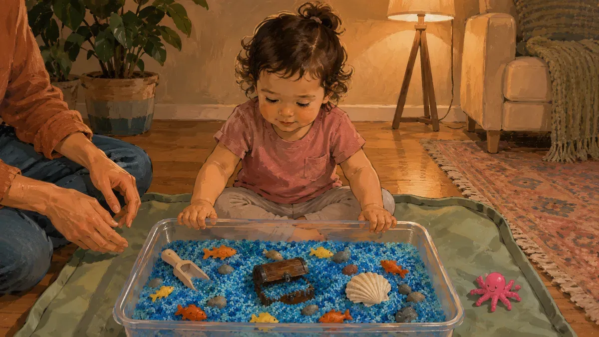 Sensory bin set on a splash mat on the floor with a parent supervising a seated toddler