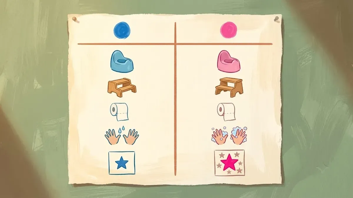 Side-by-side comparison chart of potty training steps for boys versus girls
