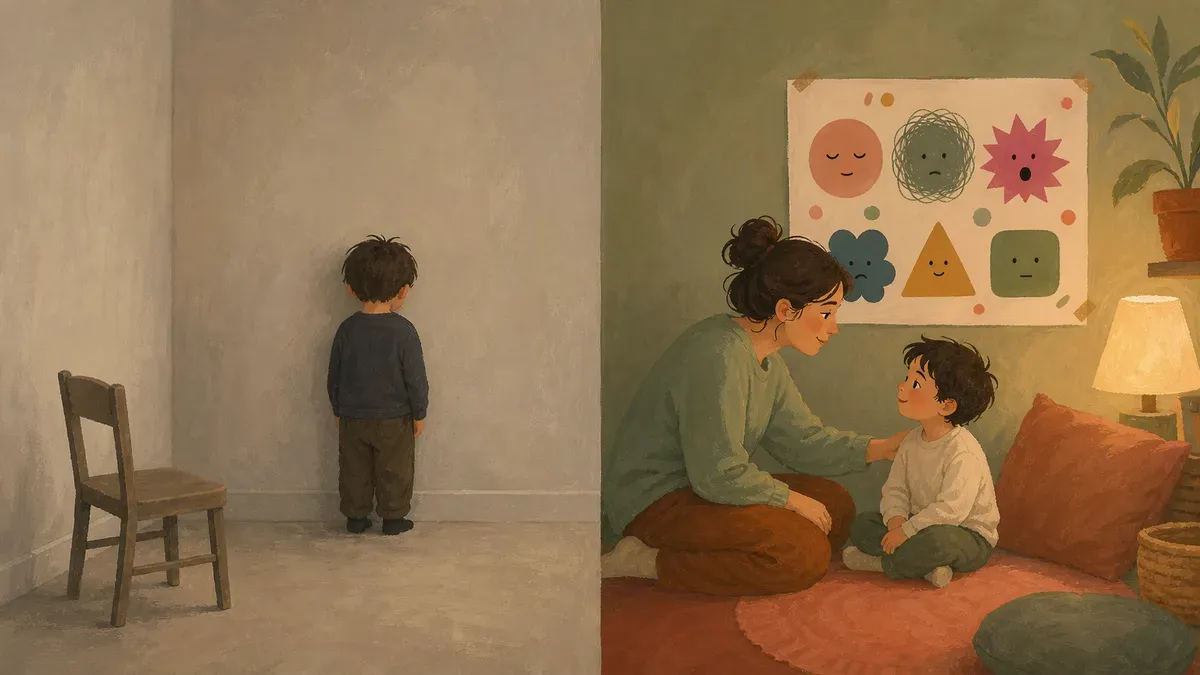 Side-by-side comparison graphic of a punitive time-out corner versus a supportive calm down corner