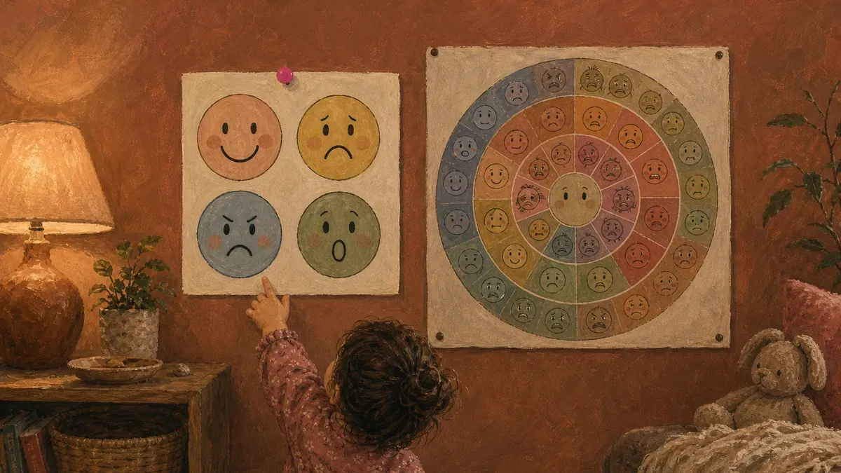 side-by-side comparison of a simple 4-face toddler emotions poster versus a complex adult feelings wheel with 72 emotions