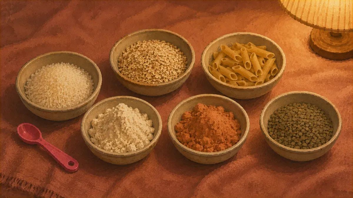 Side-by-side comparison of six common sensory bin fillers in small white bowls: rice, oats, water beads, kinetic sand, pasta, cloud dough