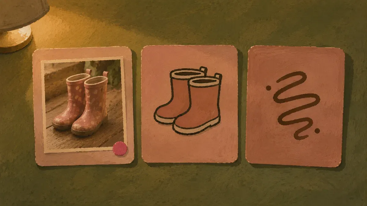 Side-by-side comparison of the same routine shown as a photo, an icon, and a symbol card