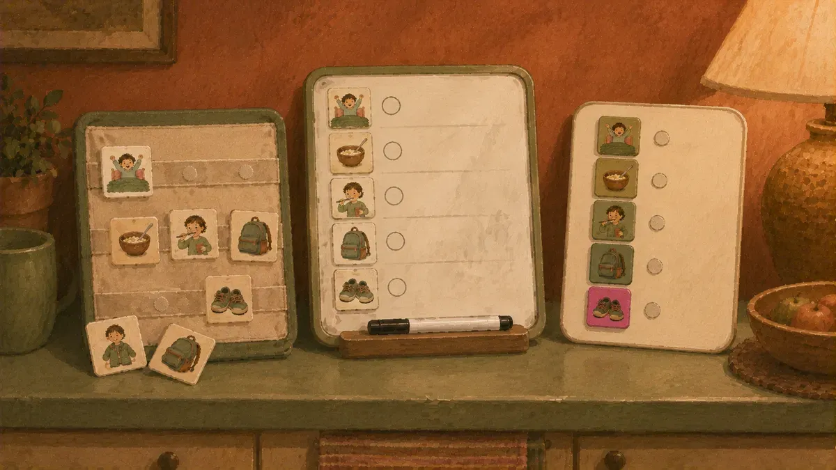 Side-by-side comparison of velcro, dry-erase, and magnetic kids morning routine charts