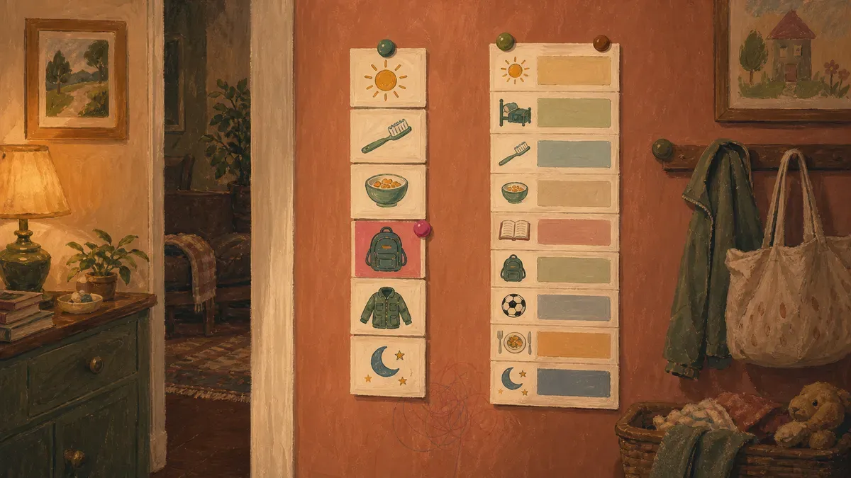 Side-by-side example routine charts for a preschooler and a grade-schooler