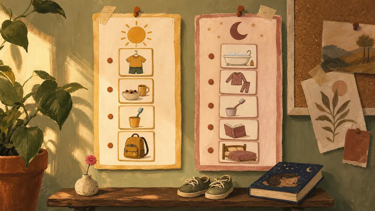Side-by-side morning and bedtime routine charts with picture cards