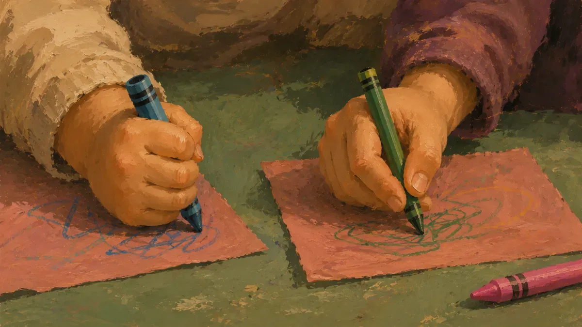 Side-by-side of a 3-year-old fisted grip and a 4-year-old tripod grip on a crayon