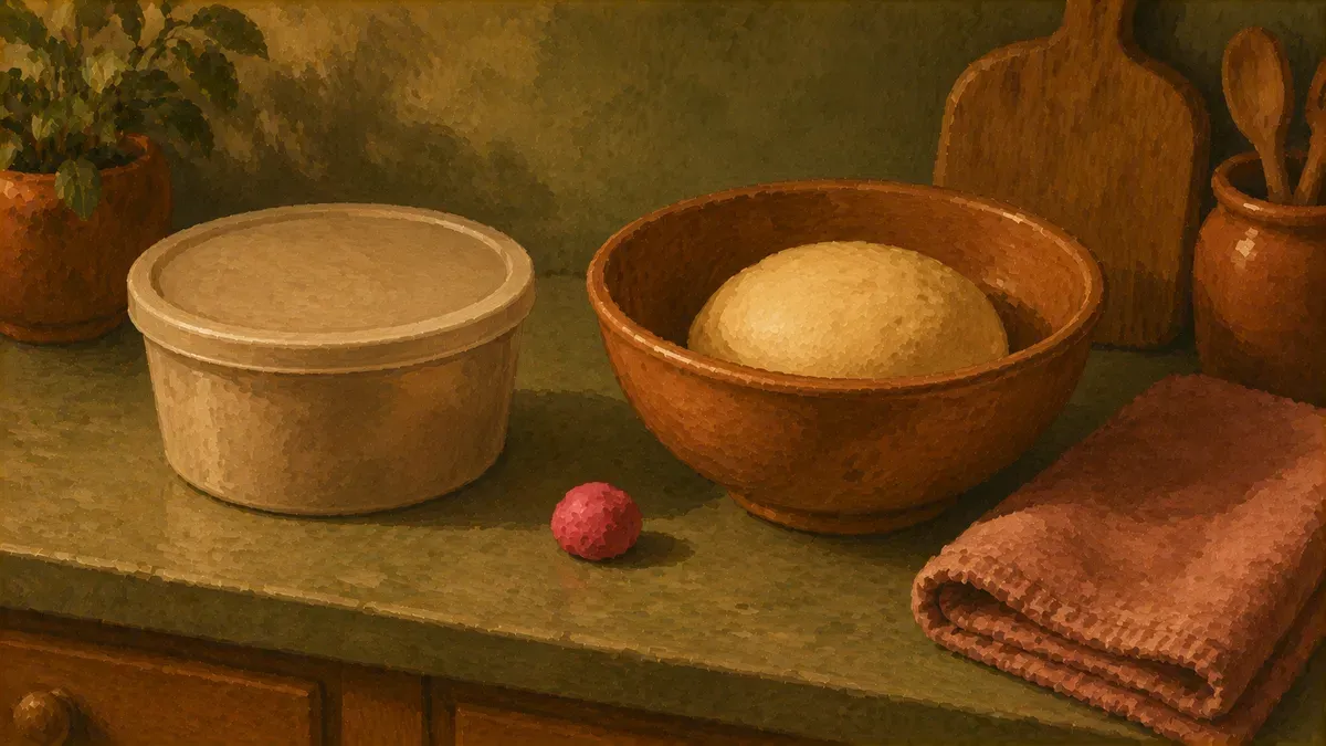 Side-by-side of a store-bought Play-Doh tub and a bowl of homemade dough on a counter