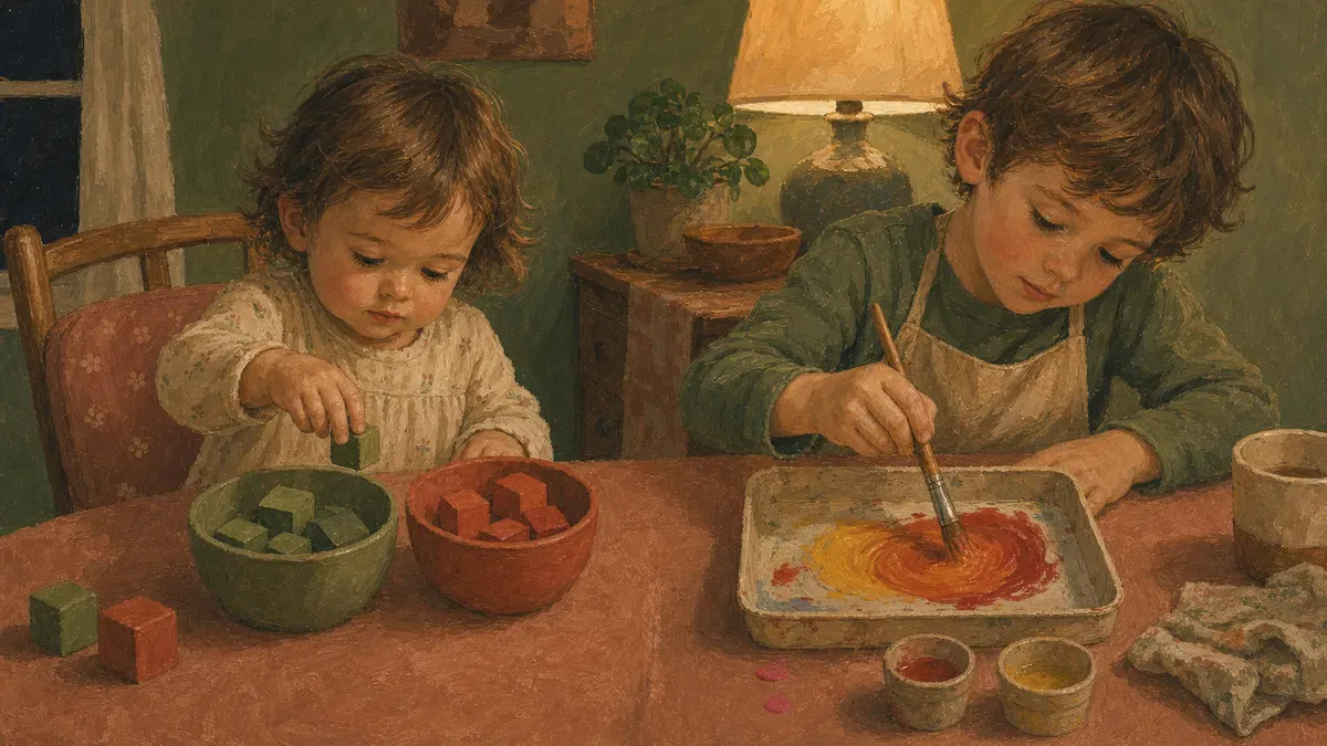 Side-by-side of a toddler sorting two colors and a preschooler mixing paints