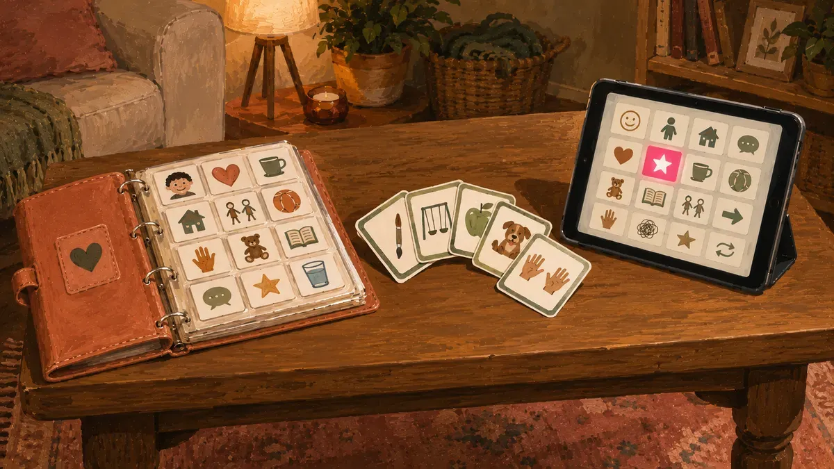 Side-by-side photo of a PECS binder, a printed communication card set, and a tablet AAC app