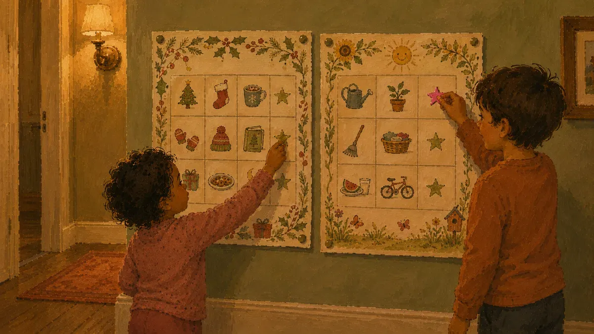 Side-by-side summer chore chart and holiday routine chart for two siblings on a wall