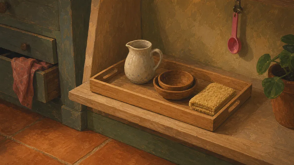 Simple wooden tray with a small jug, two bowls, and a sponge arranged on a low wooden shelf