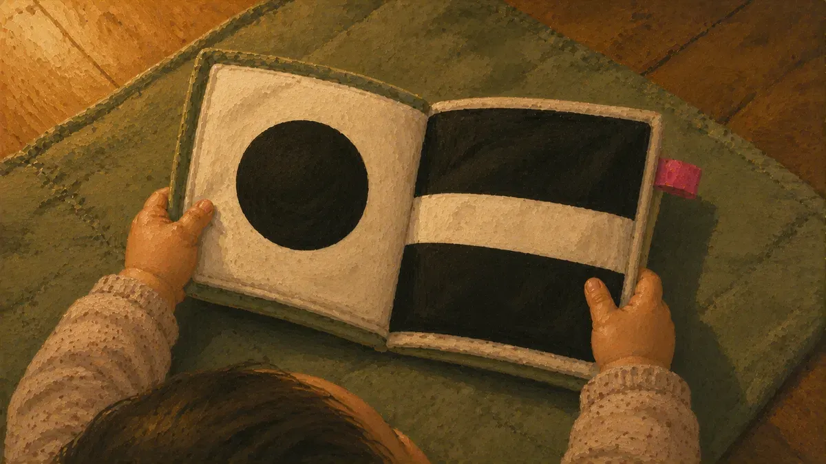 Soft cloth infant busy book open to a high-contrast black-and-white page held by a baby