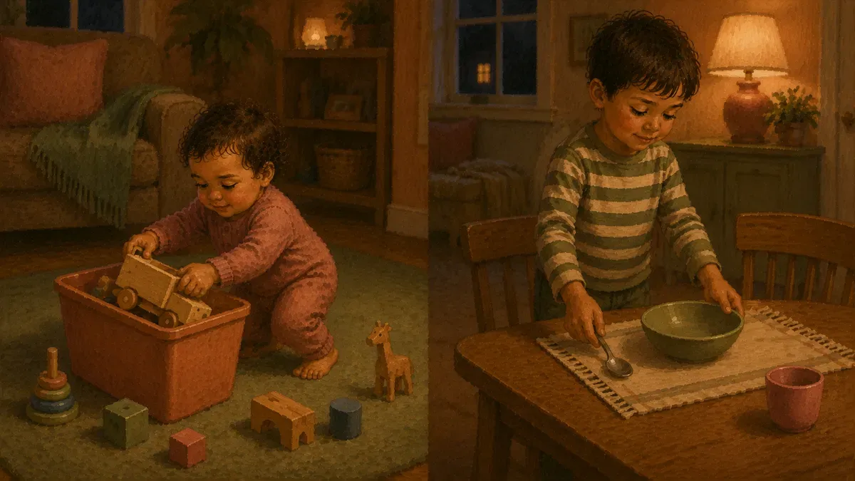 Split illustration: 2-year-old putting toys in a bin on one side, 5-year-old setting a table on the other
