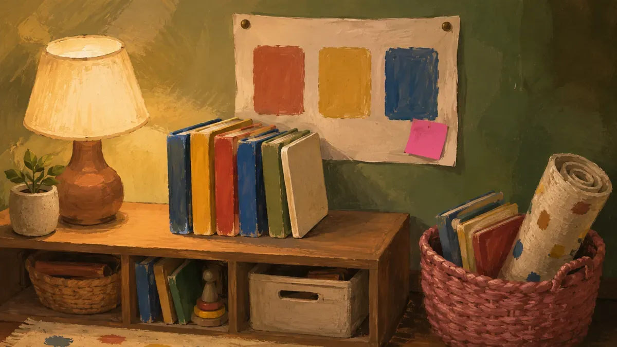 Stack of color-themed preschool books beside a printable color poster