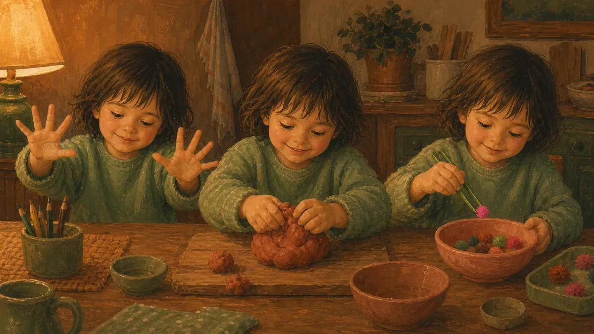 Step-by-step grid of a child doing finger stretches, squeezing play dough, and pinching tweezers