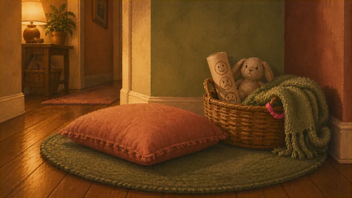 Step-by-step layout of a no-cost calm down corner using a rug, floor cushion, and basket of items