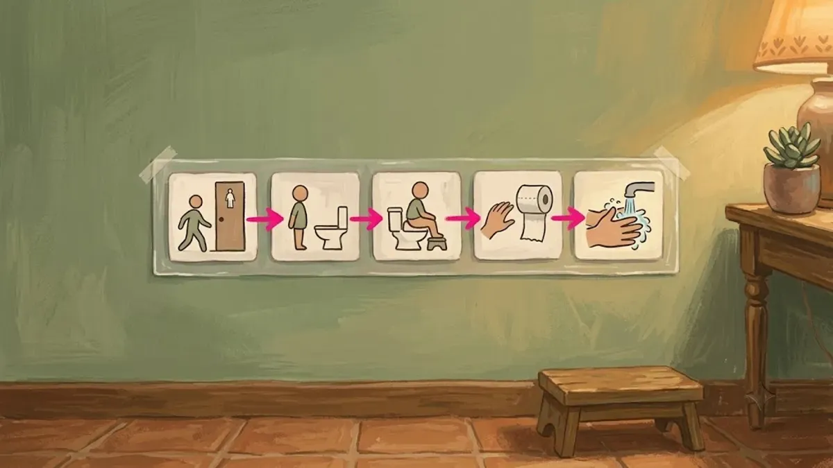 Step-by-step visual sequence card showing pants down, sit, wipe, flush, and wash hands