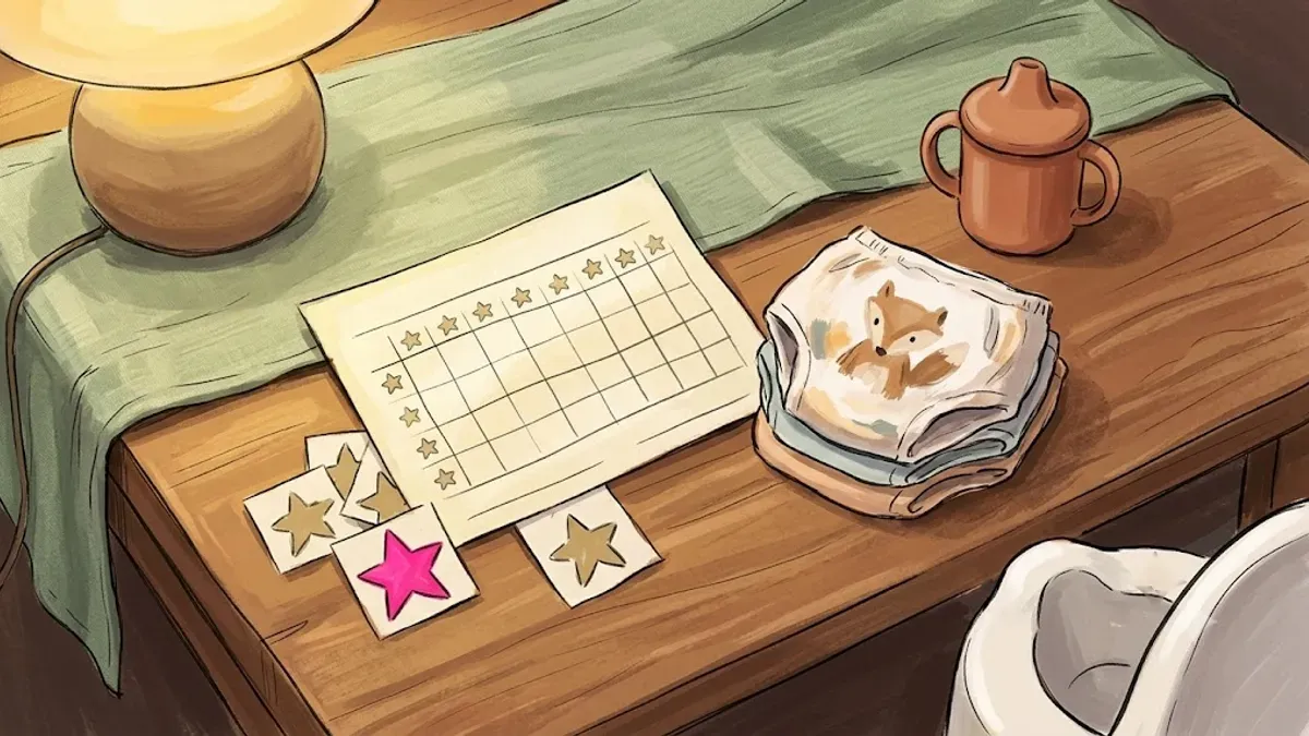 Sticker reward chart and folded training pants laid out on a table