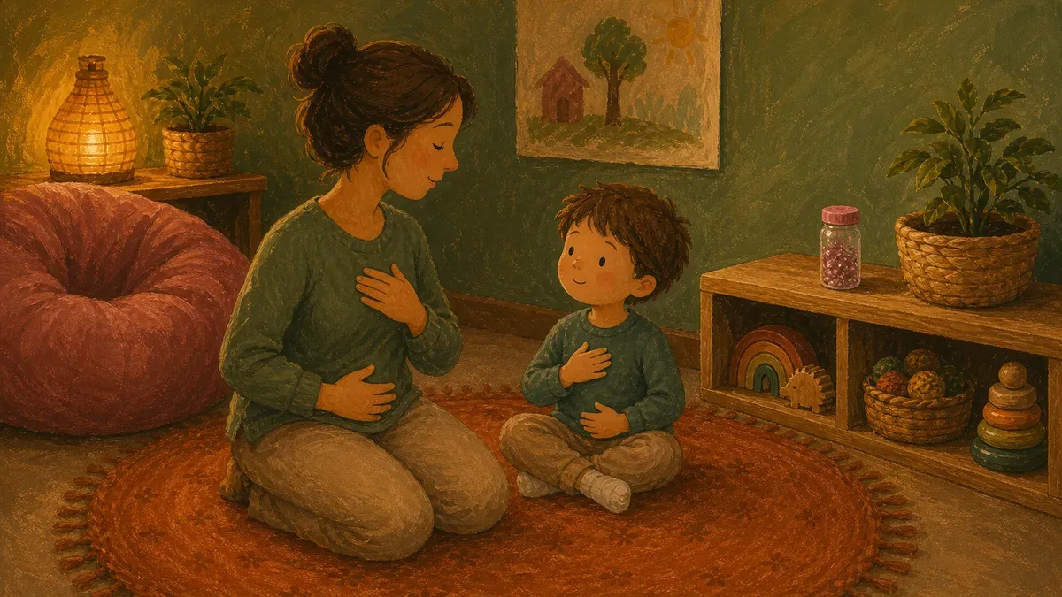 Teacher kneeling beside a preschooler in the cozy corner modeling deep breathing
