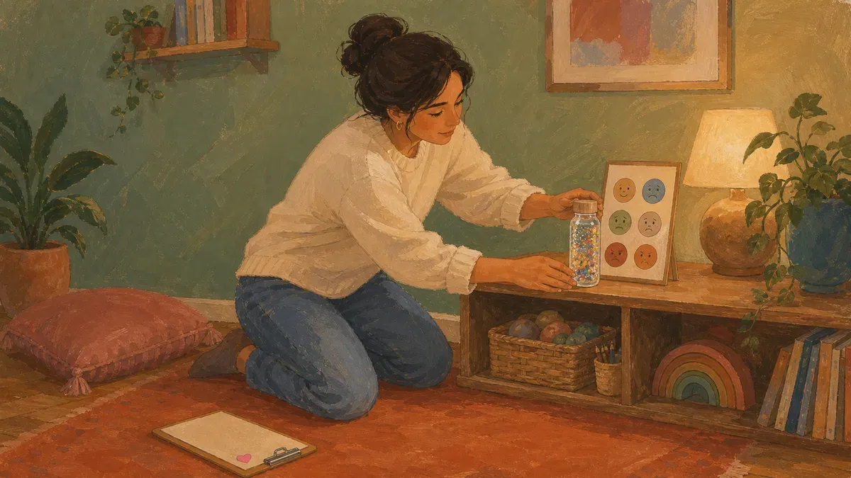 Teacher refreshing cozy corner tools and reviewing notes on a clipboard