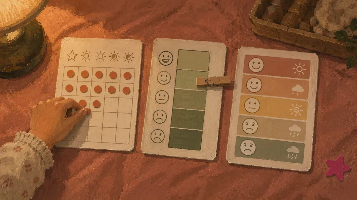 Three behavior chart layouts side by side: sticker grid, clip chart, and color zones