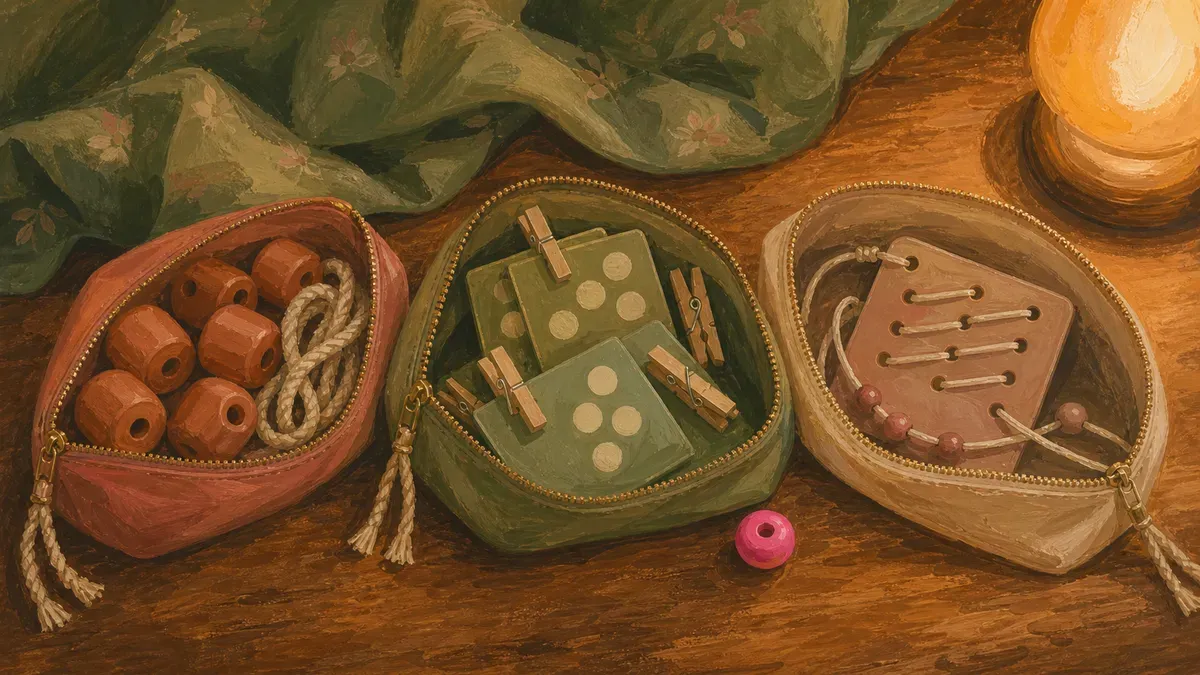Three busy bags arranged by age: chunky beads for toddlers, clip cards for threes, lacing for kindergartners