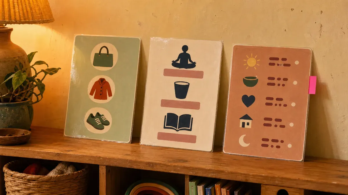 Three calm corner signs side by side for toddler, preschooler, and older child showing different complexity
