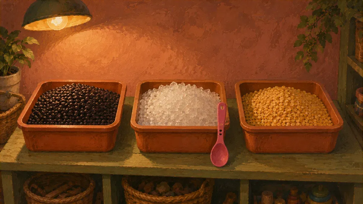 Three labeled bins side by side: dried beans, crushed ice, and split peas