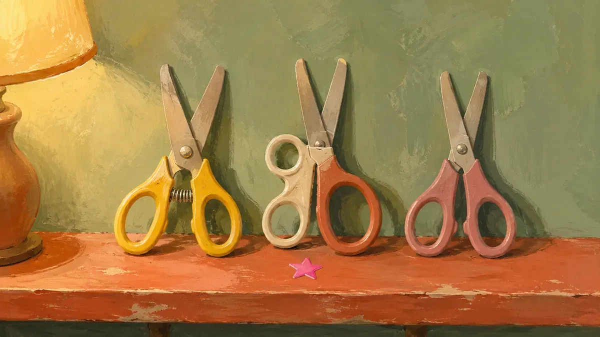 Three pairs of children's scissors lined up: spring-back, training loop, and standard blunt-tip