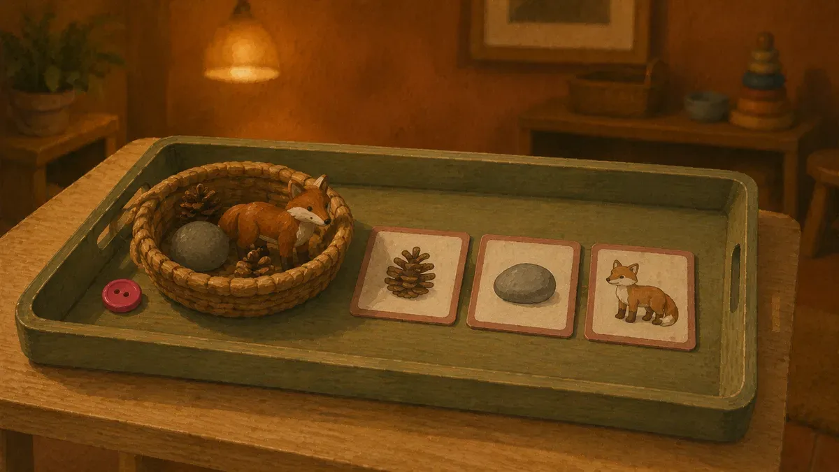 Three-part cards and a vocabulary basket of real objects laid out on a tray