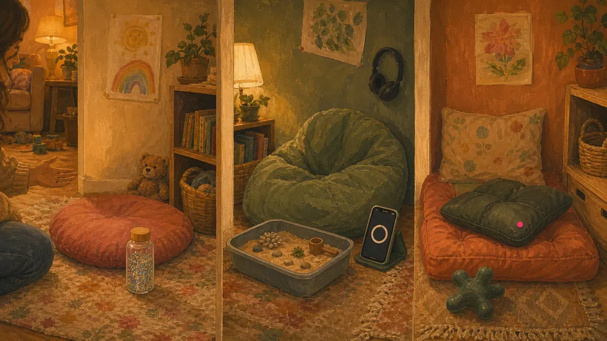 Three small calm corner setups side by side for a toddler, a school-age child, and a sensory-sensitive child