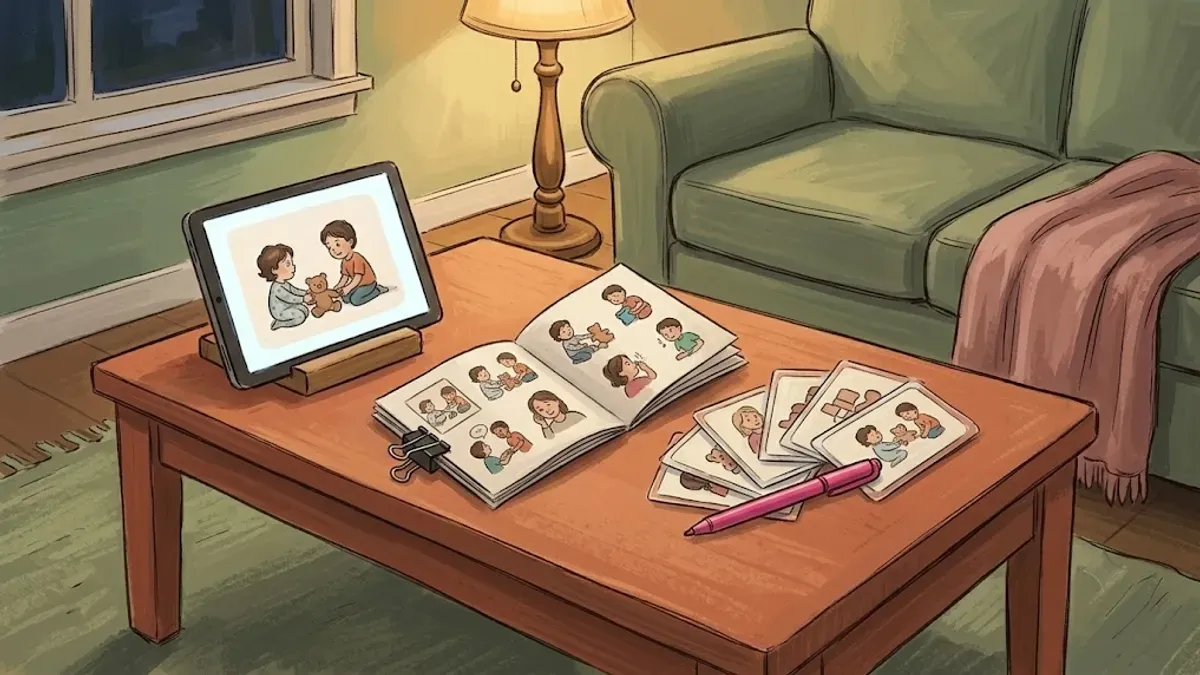 Three social story formats side by side: photo book, printed cards, and tablet slideshow