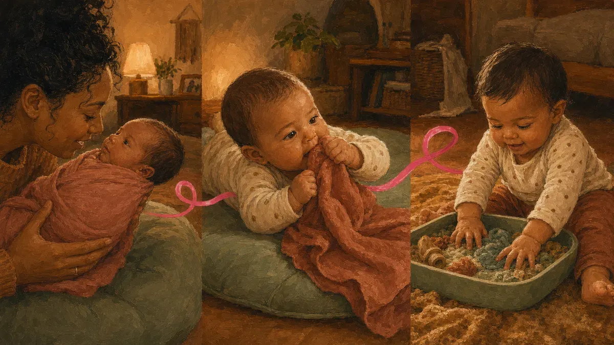 Timeline graphic showing sensory play stages from newborn to 12 months