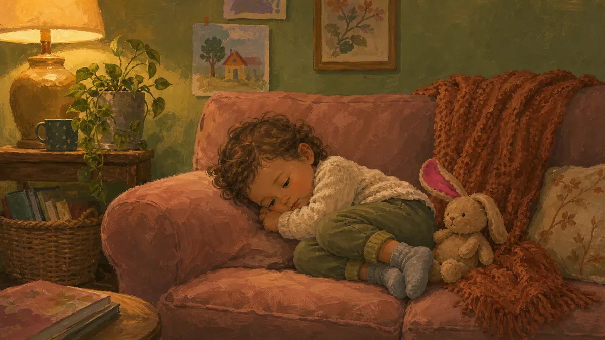 Tired toddler curled up quietly representing the blue zone of regulation at home