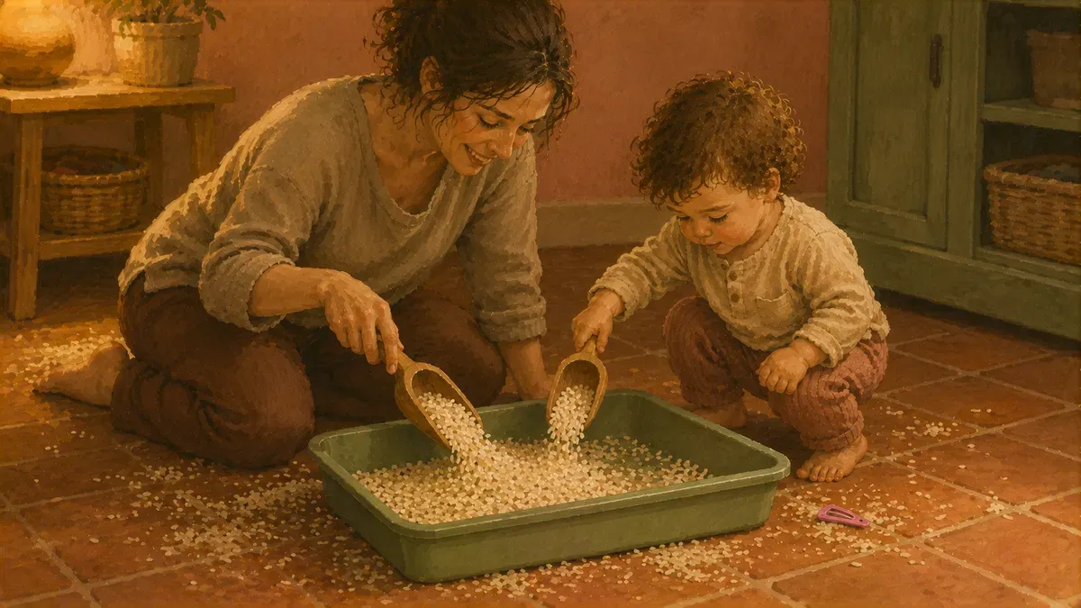 Toddler and parent scooping rice back into bin together at cleanup